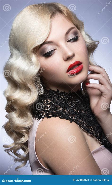 Beautiful Blonde In A Hollywood Manner With Curls Red Lips And Lace Dress Beauty Face Stock