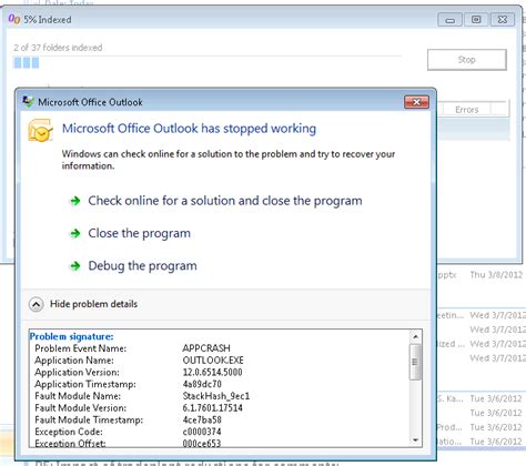 Windows 7 — Windows 7のlookoutは、インデックス作成時に常にoutlookをクラッシュさせるようです
