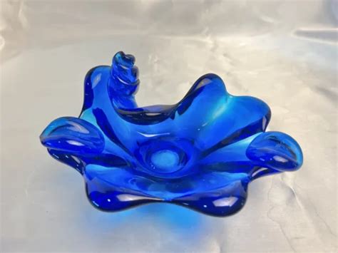 Vintage Cobalt Blue Italian Hand Blown Murano Art Glass Bowl Dish