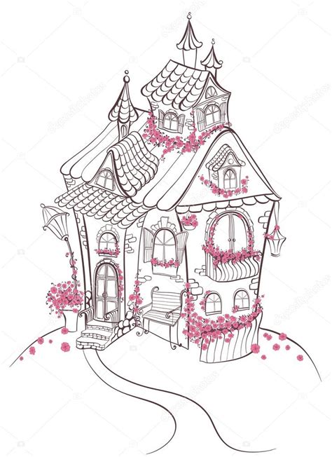 Fantasy Cartoon Fairy Tale House With Flowers Hand Drawn Vector