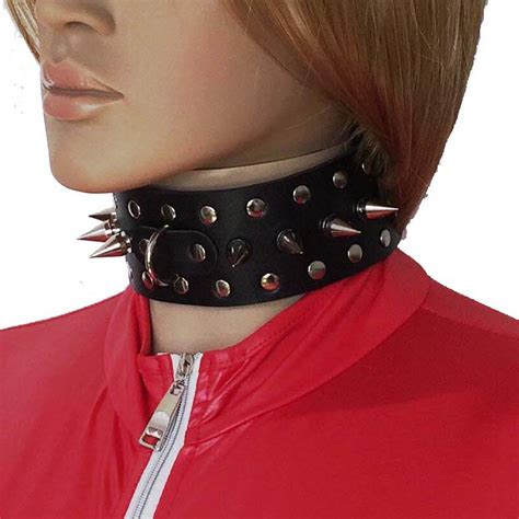 Unisex Punk Lockable Metal Spiked Leather Slave Collar With Chain Lead