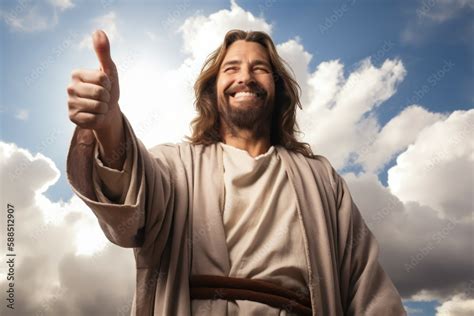 jesus christ with positive emotion and good mood thumb up ai generated human enhanced stock