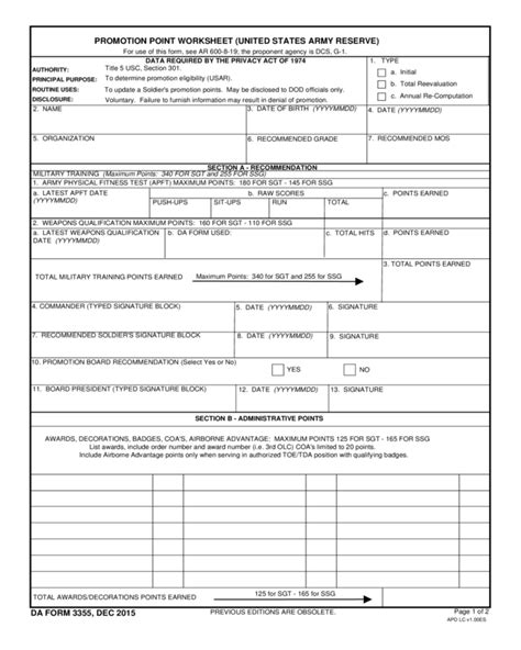 Army Promotion Point Work Sheet Army Military