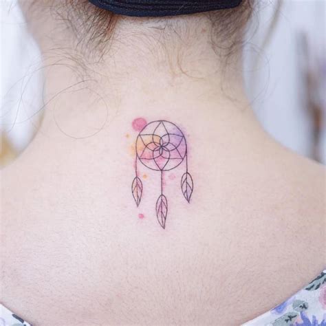 Watercolor Dreamcatcher Tattoo On The Upper Back