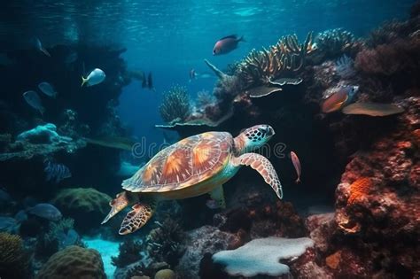 Underwater Coral Reef With Colorful Fish And Turtle Marine Life Stock