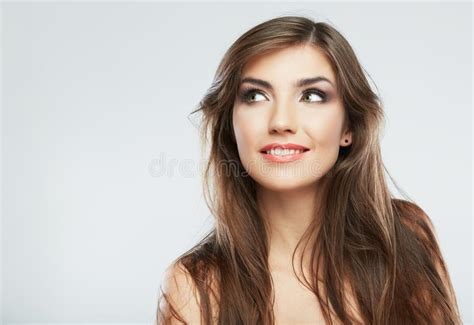 Woman Face With Hair Motion On White Background Isolated Stock Photo