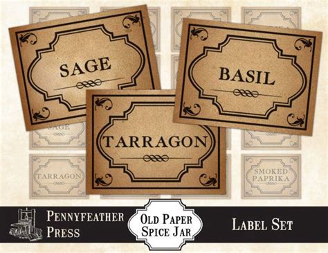 Three Different Labels For Sage Taragon And Old Paper Spice Jar Label Set