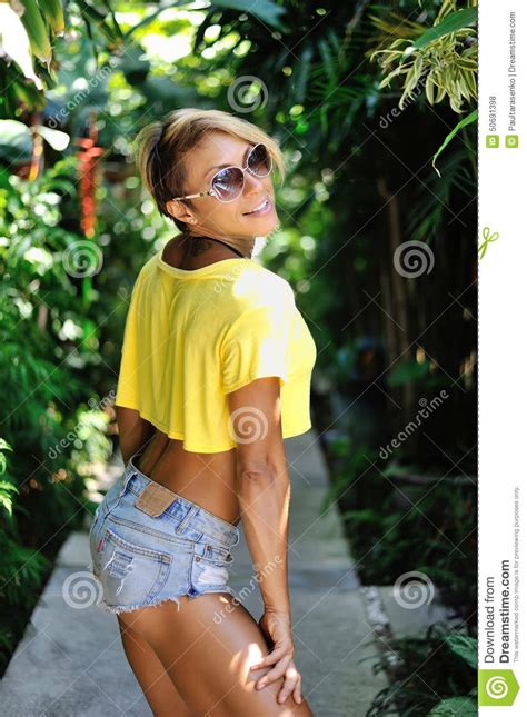 Beautiful Blonde Woman Posing Outdoor Tan Slim Girl