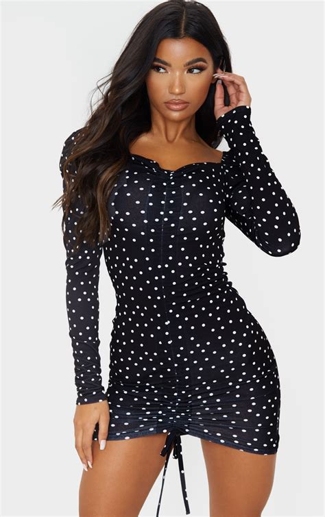 Black Polka Dot Ruched Long Sleeve Bodycon Dress Prettylittlething Ie