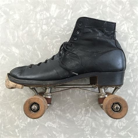 Vintage Roller Skates Black Leather Wooden Wheel Antique Etsy