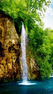 Waterfalls, Near, Leafed, Green, Trees, Under, Blue, Sky, 4k, Hd
