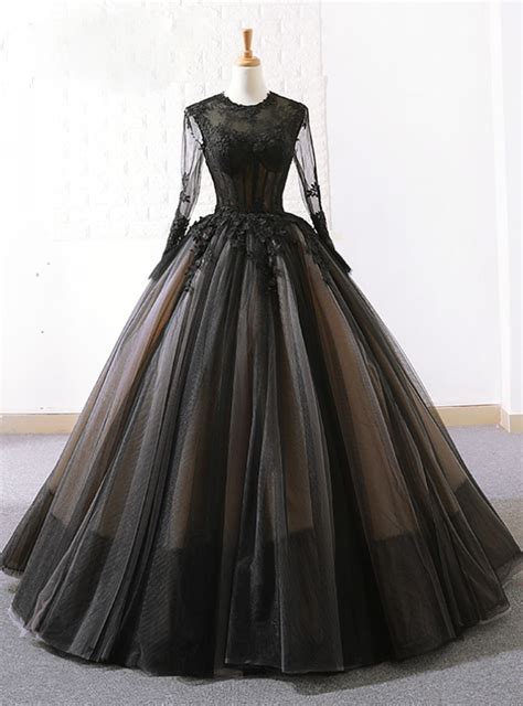 Vintage Black Tulle Lace Long Sleeve Floor Length Wedding Dress