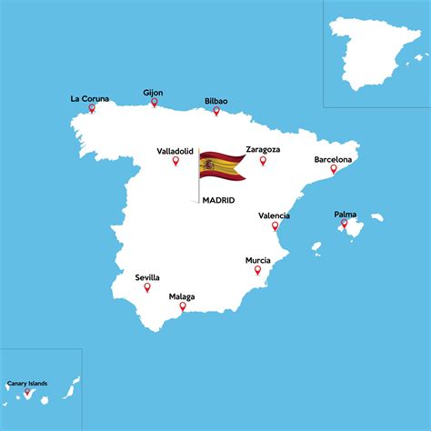 A Detailed Map Of Spain With Indexes Of Major Cities Of The Country