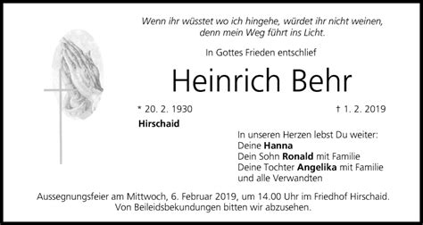 Heinrich Behr Traueranzeige Frankende