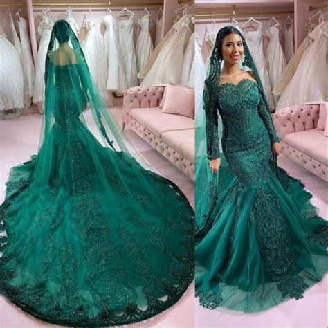 Amazing Hunter Green Arabic African Mermaid Wedding Dress Off The