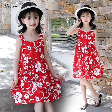 Weixu Children Girls Summer Beach Dresses Red Flower Printed Cotton