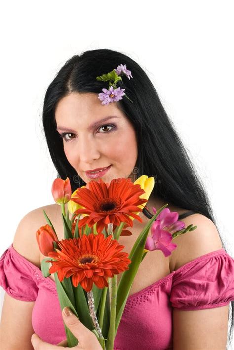 Woman With Spring Flowers Bouquet Stock Image Image Of Background