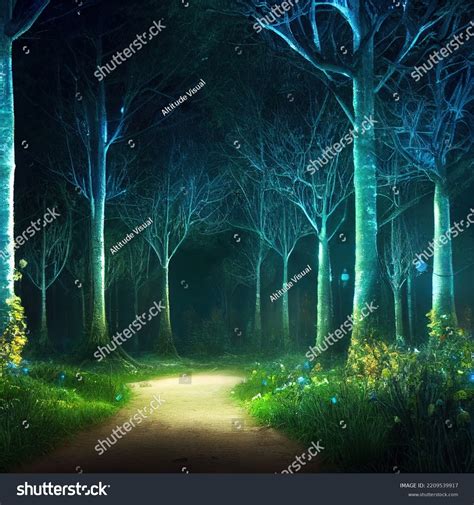 Dark Enchanted Forest Night Mysterious Road Stock Illustration