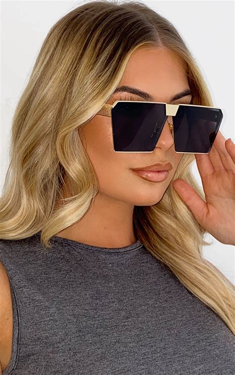 Gold Frame Black Lens Square Sunglasses Prettylittlething Aus