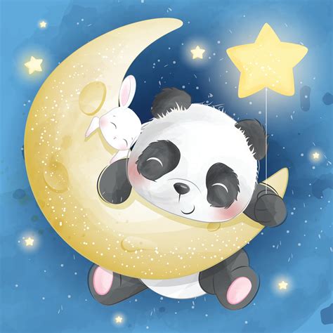 Cute Panda With Bunny On The Moon Illustration 2067668 Vector Art At