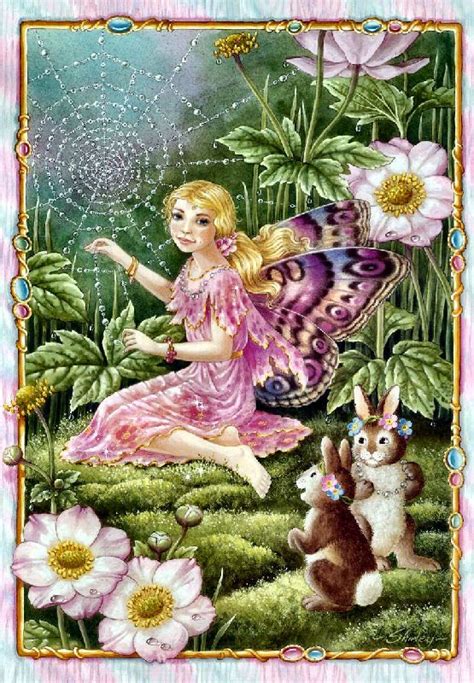 Fairy With Wild Roses Bunnies Weaving A Web Shirley Barber Fairies