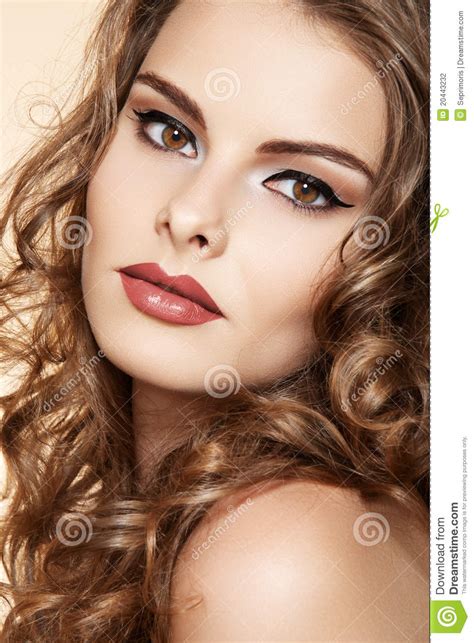 Beautiful Woman Model With Makeup Long Curly Hair Stock