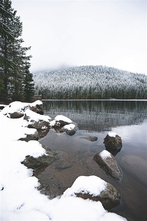 Lake Stones Snow Forest Winter Landscape Hd Phone Wallpaper Peakpx