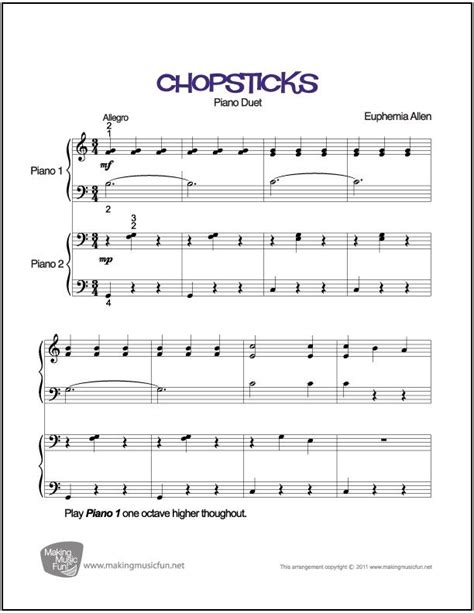 Their signature piece, 'whipping post,' is easy to arrange for two players because it is in the key of am, one of the simplest chords. Chopsticks (Duet) | Sheet Music for Piano (Digital Print ...