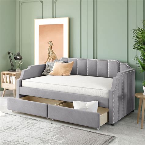 Buy Elegant Velvet Upholstered Daybedtwin Size Upholstered Daybed With Drawers And Rivets