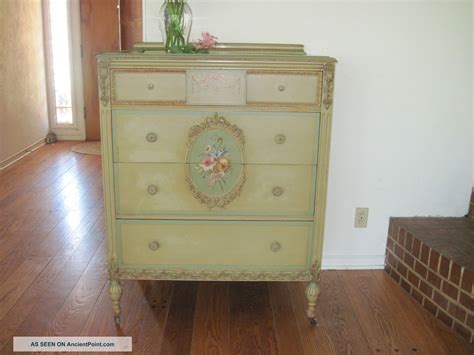 Gorgeous Antique Hand Painted Floral Dresser Wcarved Garland Detailing