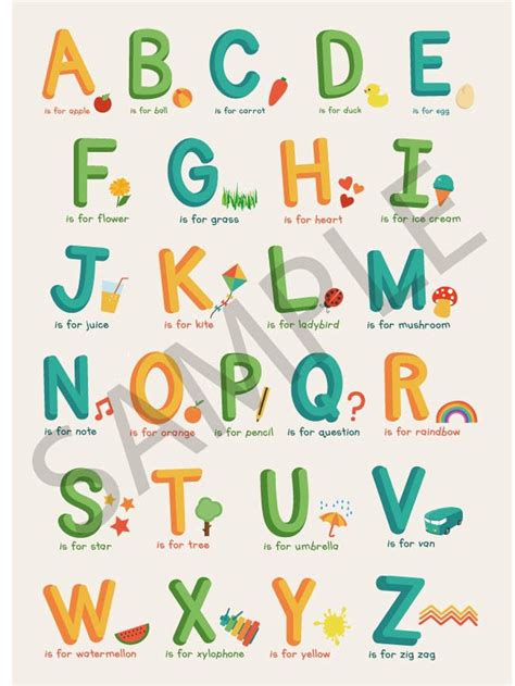 Lindo Alfabeto Cartel Imprimible Pared Arte Niños Sala De Etsy