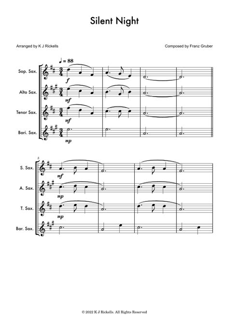 Silent Night Saxophone Quartet Sheet Music Franz Gruber Woodwind