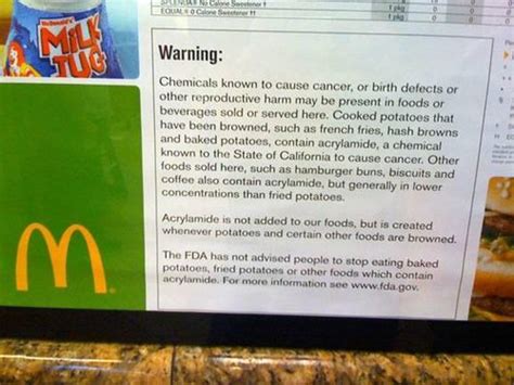 Acrylamide intakes were calculated from these fda data on food concentrations and from data on food consumption generated by the u.s. FACT CHECK: McDonald's Acrylamide Warning Sign