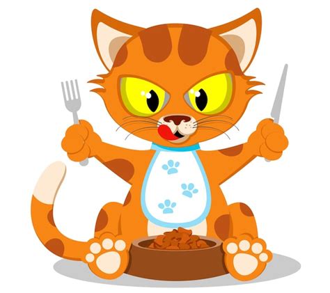 Premium Vector The Cat Is Eating Food From A Bowl With A Fork And