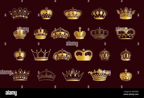 Gold Crown Luxury Symbol Icon Set Gold Crown For Royal King Queen