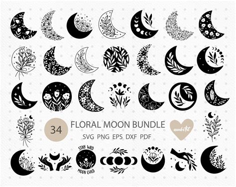 Floral Moon Svg Bundle Boho Svg Moon Phase Celestial Clipart Etsy