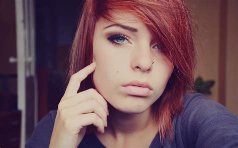 Wallpaper Face Women Redhead Model Nose Rings Long Hair Blue