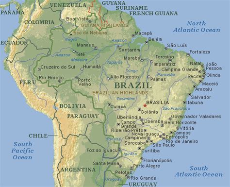 Karte von brasilien mit der hauptstadt brasília. Brasilien - Physische Karte