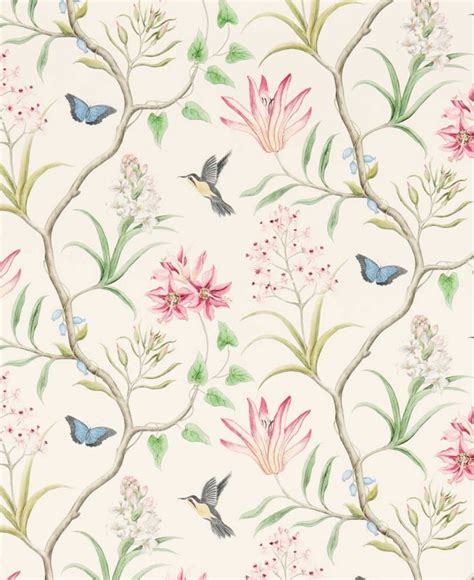 Sanderson Wallpaper Clementine Light Pink Green And Brown Color Pink