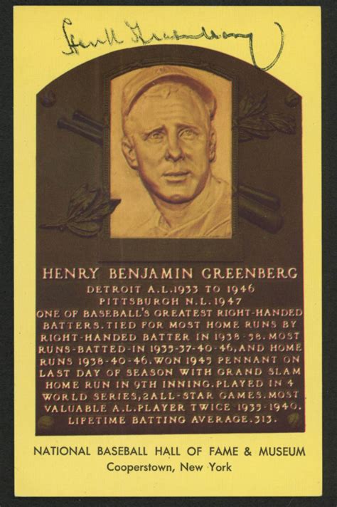 Hank Greenberg Signed Gold Hall Of Fame Plaque Postcard Jsa Coa