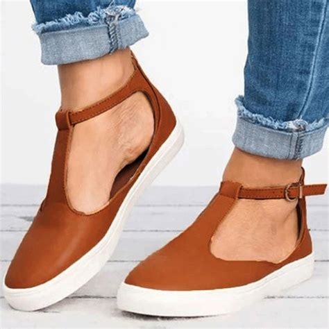 Youyedian Women Vintage Out Shoes Round Toe Platform Flat Heel Buckle