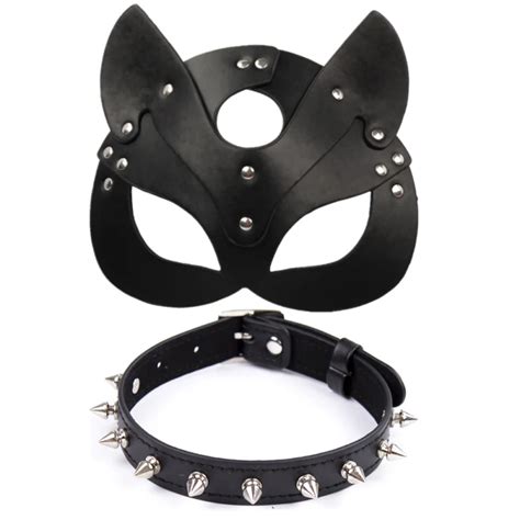 Sex Products For Women Black Leather Eye Mask And Collar Hollow Out Halloween Cosplay Costumes