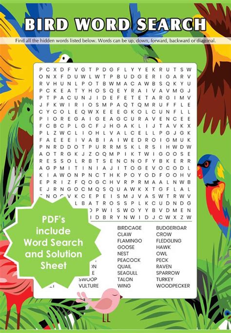 Bird Word Search Printable Pdf Large Word Search Puzzle Etsy
