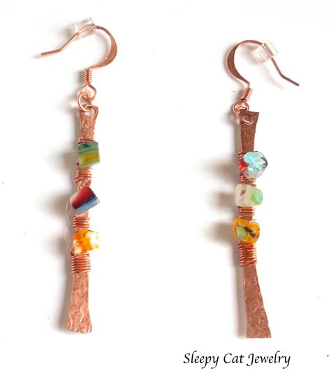 Copper Stick Earrings Wire Wrapped With Colorful Millefiori