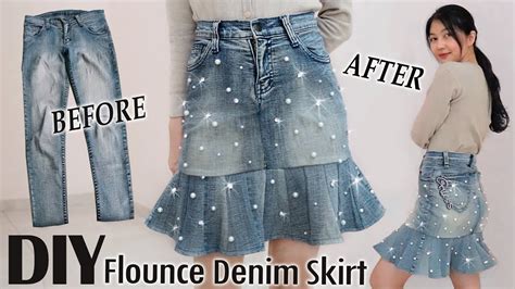 Diy Pearl Flounce Denim Skirt From Your Old Jeans Diy Pants Clothes