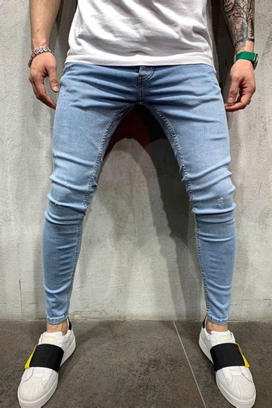 Mens Popular Fashion Solid Color Light Blue Skinny Ripped Jeans