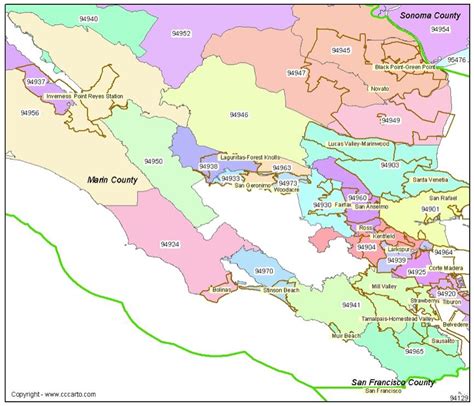 San Rafael Ca Zip Codes Marin County Zip Code Boundary Map