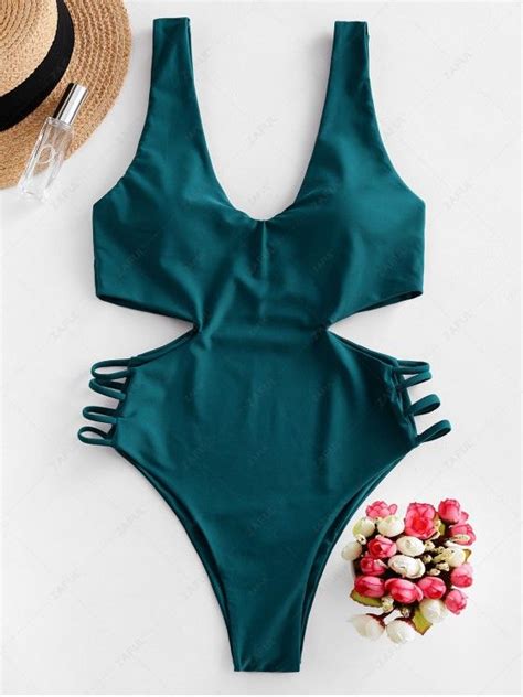 49 Off 2020 Zaful Plunging Cut Out Lattice One Piece Swimsuit In