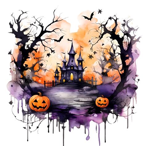 Spooky Halloween Haunted House Watercolor Clipart Ai Generated 25005219 Png