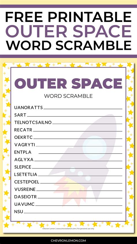 Free Printable Outer Space Word Scramble Chevron Lemon